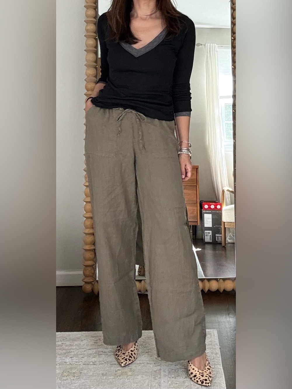Michael Stars Wide-Leg Linen Drawstring Pants - Olive